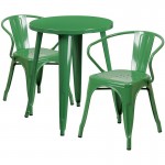 Commercial Grade 24" Round Green Metal Indoor-Outdoor Table Set with 2 Arm Chairs