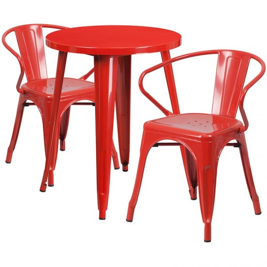 Commercial Grade 24" Round Red Metal Indoor-Outdoor Table Set with 2 Arm Chairs