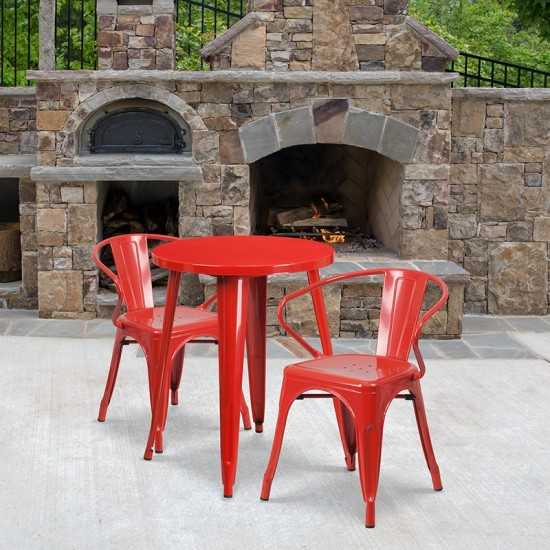 Commercial Grade 24" Round Red Metal Indoor-Outdoor Table Set with 2 Arm Chairs