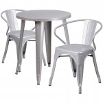 Commercial Grade 24" Round Silver Metal Indoor-Outdoor Table Set with 2 Arm Chairs