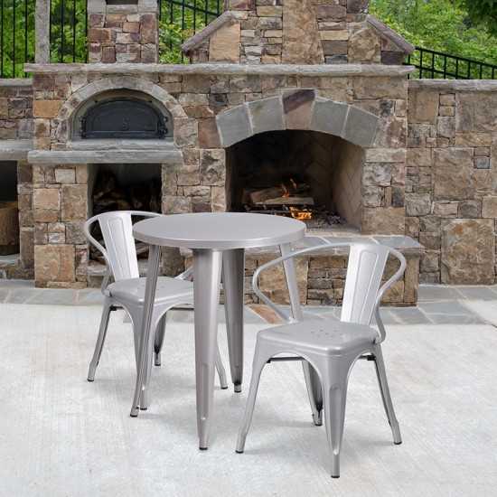 Commercial Grade 24" Round Silver Metal Indoor-Outdoor Table Set with 2 Arm Chairs