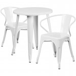 Commercial Grade 24" Round White Metal Indoor-Outdoor Table Set with 2 Arm Chairs