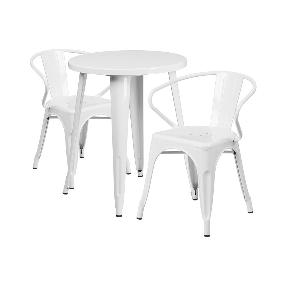 Commercial Grade 24" Round White Metal Indoor-Outdoor Table Set with 2 Arm Chairs