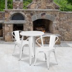 Commercial Grade 24" Round White Metal Indoor-Outdoor Table Set with 2 Arm Chairs