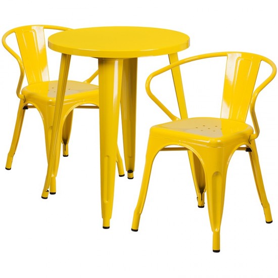 Commercial Grade 24" Round Yellow Metal Indoor-Outdoor Table Set with 2 Arm Chairs