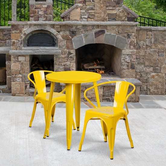 Commercial Grade 24" Round Yellow Metal Indoor-Outdoor Table Set with 2 Arm Chairs