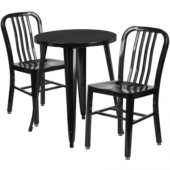 Commercial Grade 24" Round Black Metal Indoor-Outdoor Table Set with 2 Vertical Slat Back Chairs