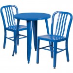 Commercial Grade 24" Round Blue Metal Indoor-Outdoor Table Set with 2 Vertical Slat Back Chairs