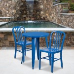 Commercial Grade 24" Round Blue Metal Indoor-Outdoor Table Set with 2 Vertical Slat Back Chairs