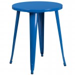 Commercial Grade 24" Round Blue Metal Indoor-Outdoor Table Set with 2 Vertical Slat Back Chairs