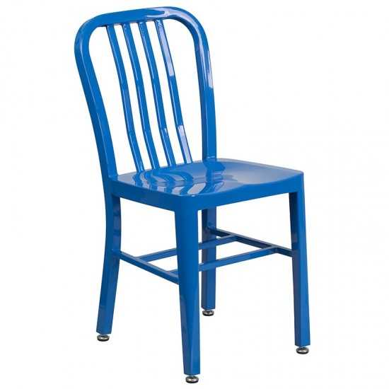 Commercial Grade 24" Round Blue Metal Indoor-Outdoor Table Set with 2 Vertical Slat Back Chairs