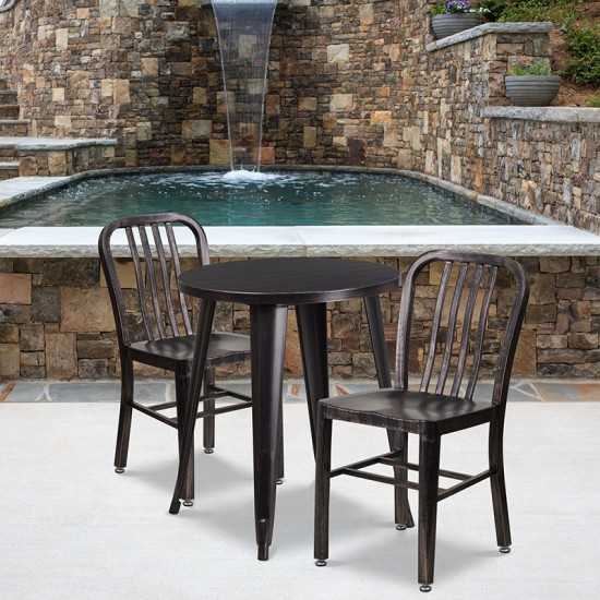 Commercial Grade 24" Round Black-Antique Gold Metal Indoor-Outdoor Table Set with 2 Vertical Slat Back Chairs