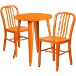 Commercial Grade 24" Round Orange Metal Indoor-Outdoor Table Set with 2 Vertical Slat Back Chairs