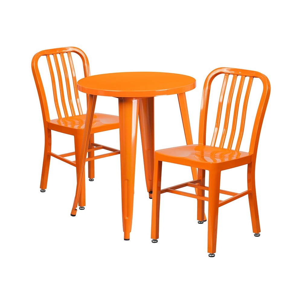 Commercial Grade 24" Round Orange Metal Indoor-Outdoor Table Set with 2 Vertical Slat Back Chairs