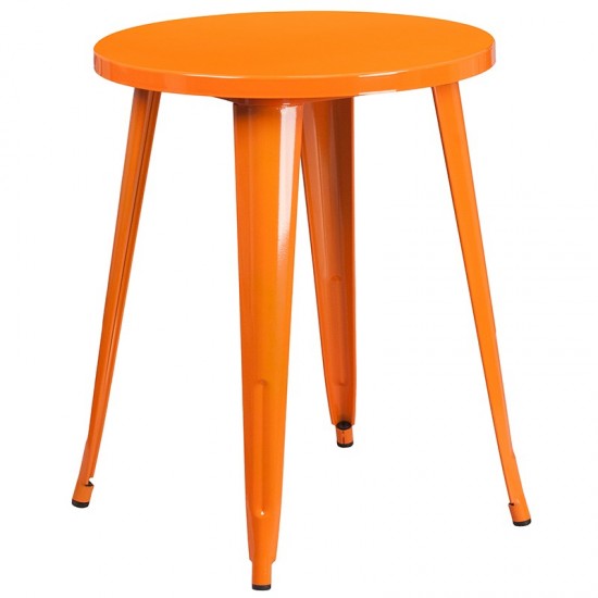 Commercial Grade 24" Round Orange Metal Indoor-Outdoor Table Set with 2 Vertical Slat Back Chairs