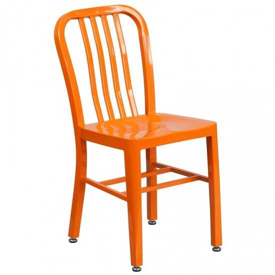 Commercial Grade 24" Round Orange Metal Indoor-Outdoor Table Set with 2 Vertical Slat Back Chairs