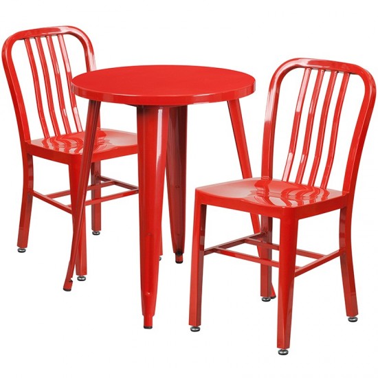 Commercial Grade 24" Round Red Metal Indoor-Outdoor Table Set with 2 Vertical Slat Back Chairs