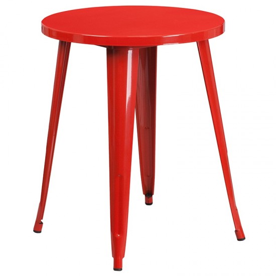 Commercial Grade 24" Round Red Metal Indoor-Outdoor Table Set with 2 Vertical Slat Back Chairs