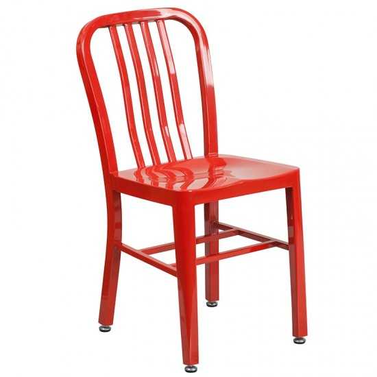 Commercial Grade 24" Round Red Metal Indoor-Outdoor Table Set with 2 Vertical Slat Back Chairs