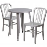 Commercial Grade 24" Round Silver Metal Indoor-Outdoor Table Set with 2 Vertical Slat Back Chairs