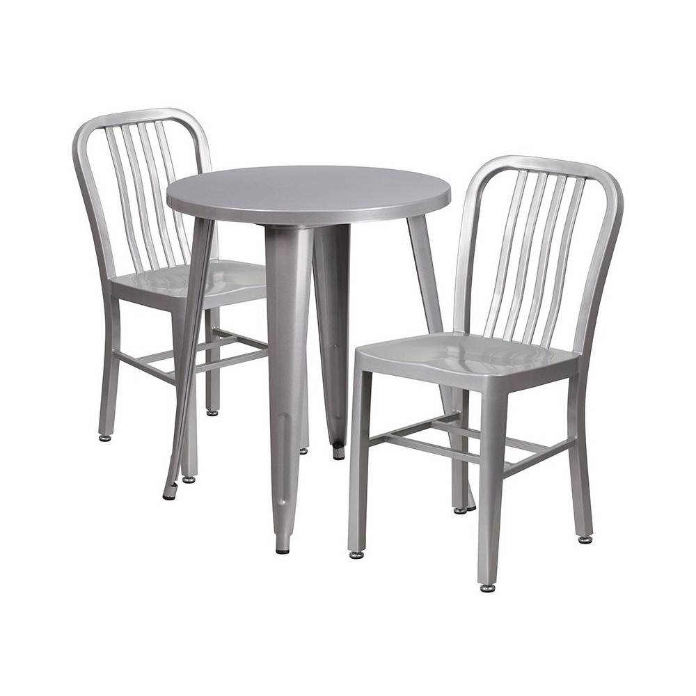 Commercial Grade 24" Round Silver Metal Indoor-Outdoor Table Set with 2 Vertical Slat Back Chairs