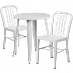 Commercial Grade 24" Round White Metal Indoor-Outdoor Table Set with 2 Vertical Slat Back Chairs