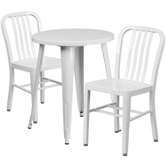 Commercial Grade 24" Round White Metal Indoor-Outdoor Table Set with 2 Vertical Slat Back Chairs