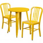 Commercial Grade 24" Round Yellow Metal Indoor-Outdoor Table Set with 2 Vertical Slat Back Chairs
