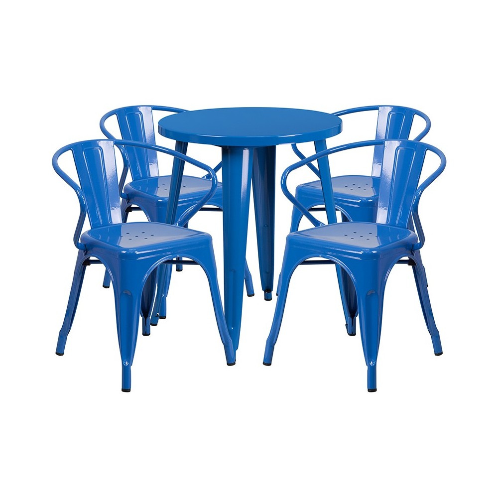 Commercial Grade 24" Round Blue Metal Indoor-Outdoor Table Set with 4 Arm Chairs