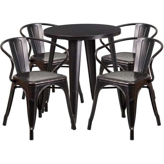 Commercial Grade 24" Round Black-Antique Gold Metal Indoor-Outdoor Table Set with 4 Arm Chairs