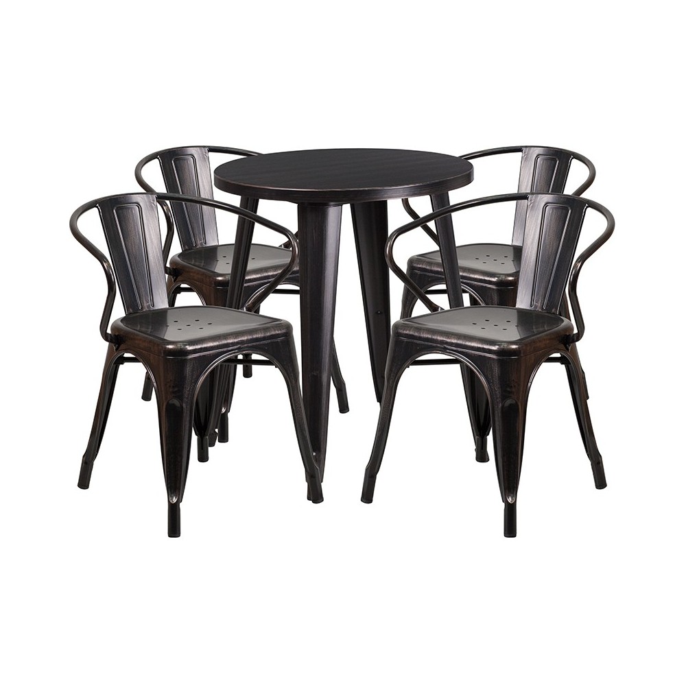 Commercial Grade 24" Round Black-Antique Gold Metal Indoor-Outdoor Table Set with 4 Arm Chairs Commercial Grade 24" Round Black-Antique Gold Metal Indoor-Outdoor Table Set with 4 Arm Chairs