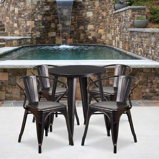 Commercial Grade 24" Round Black-Antique Gold Metal Indoor-Outdoor Table Set with 4 Arm Chairs