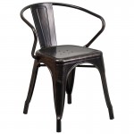 Commercial Grade 24" Round Black-Antique Gold Metal Indoor-Outdoor Table Set with 4 Arm Chairs