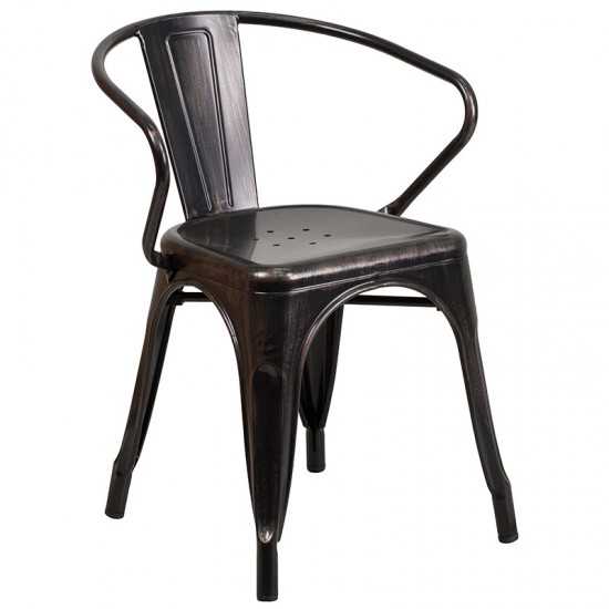 Commercial Grade 24" Round Black-Antique Gold Metal Indoor-Outdoor Table Set with 4 Arm Chairs