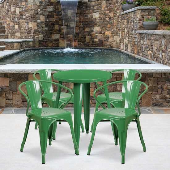 Commercial Grade 24" Round Green Metal Indoor-Outdoor Table Set with 4 Arm Chairs