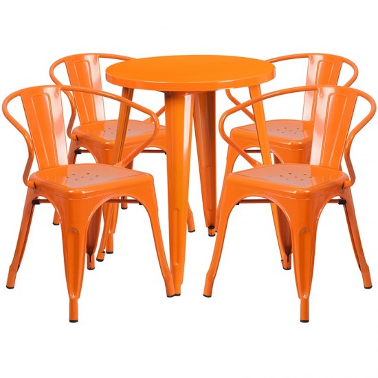 Commercial Grade 24" Round Orange Metal Indoor-Outdoor Table Set with 4 Arm Chairs