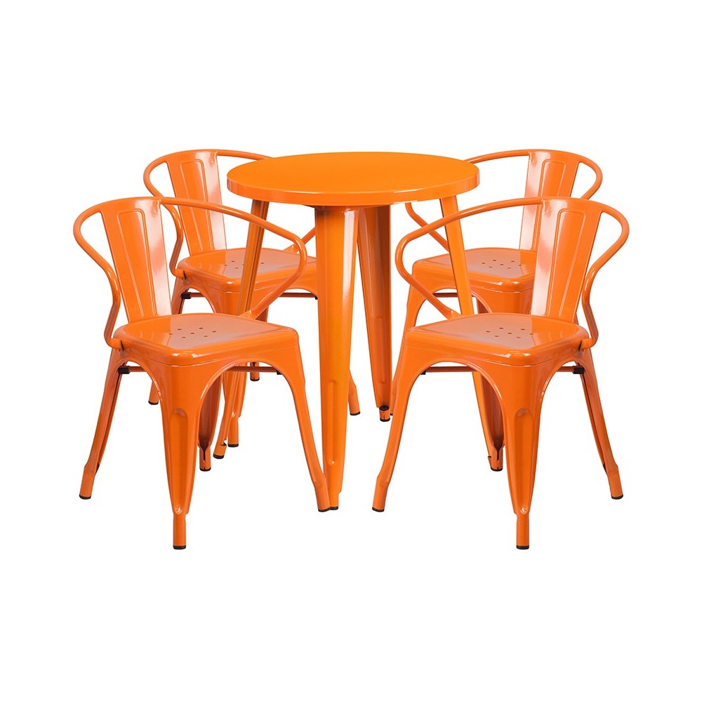 Commercial Grade 24" Round Orange Metal Indoor-Outdoor Table Set with 4 Arm Chairs