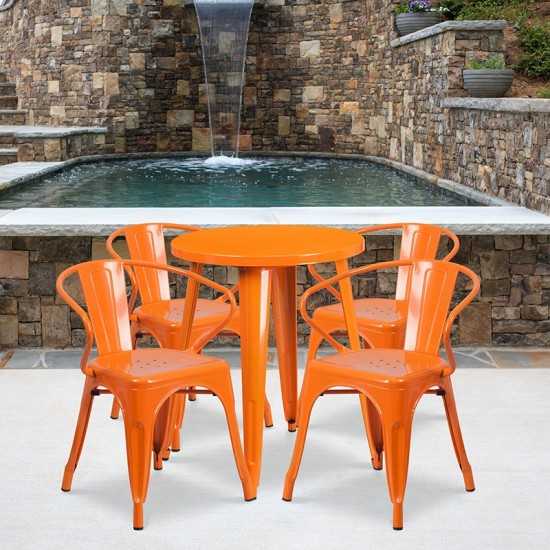Commercial Grade 24" Round Orange Metal Indoor-Outdoor Table Set with 4 Arm Chairs