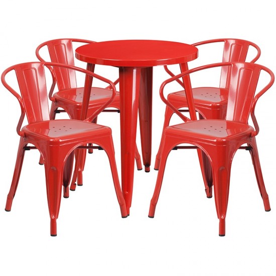 Commercial Grade 24" Round Red Metal Indoor-Outdoor Table Set with 4 Arm Chairs