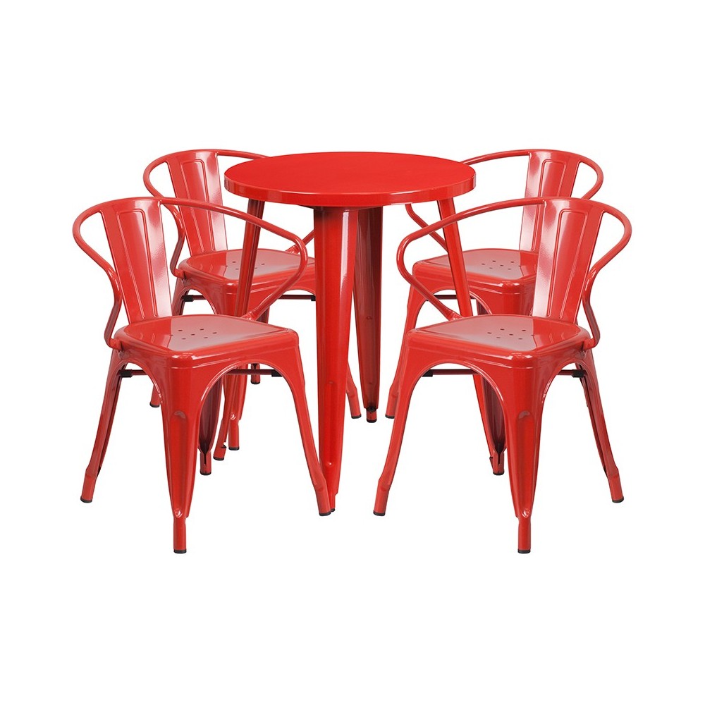 Commercial Grade 24" Round Red Metal Indoor-Outdoor Table Set with 4 Arm Chairs Commercial Grade 24" Round Red Metal Indoor-Outdoor Table Set with 4 Arm Chairs