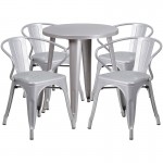 Commercial Grade 24" Round Silver Metal Indoor-Outdoor Table Set with 4 Arm Chairs