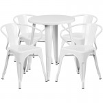 Commercial Grade 24" Round White Metal Indoor-Outdoor Table Set with 4 Arm Chairs