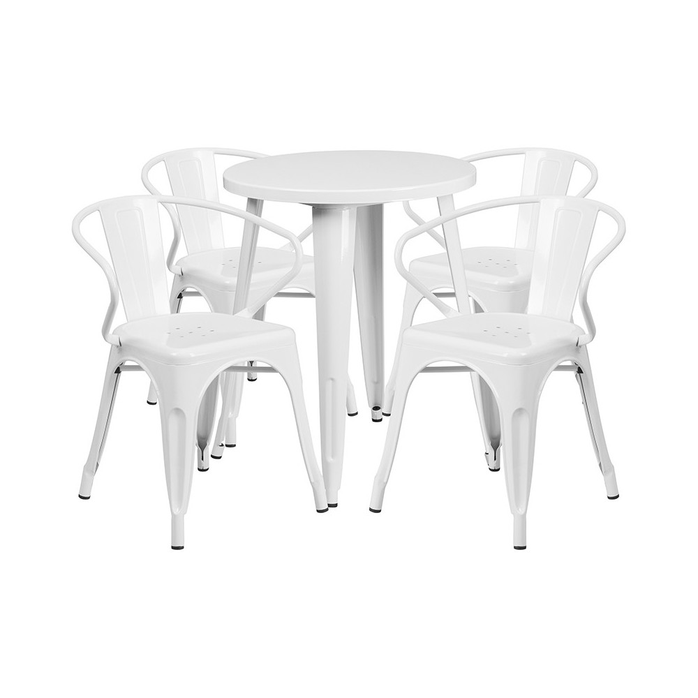 Commercial Grade 24" Round White Metal Indoor-Outdoor Table Set with 4 Arm Chairs