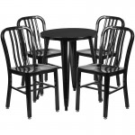 Commercial Grade 24" Round Black Metal Indoor-Outdoor Table Set with 4 Vertical Slat Back Chairs