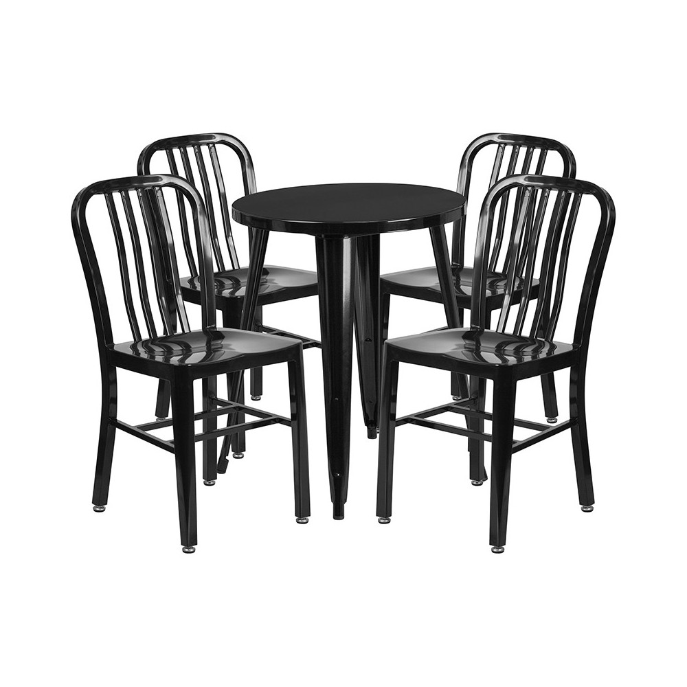 Commercial Grade 24" Round Black Metal Indoor-Outdoor Table Set with 4 Vertical Slat Back Chairs