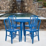 Commercial Grade 24" Round Blue Metal Indoor-Outdoor Table Set with 4 Vertical Slat Back Chairs