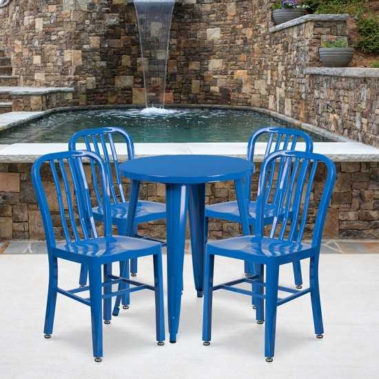 Commercial Grade 24" Round Blue Metal Indoor-Outdoor Table Set with 4 Vertical Slat Back Chairs