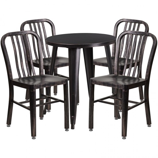 Commercial Grade 24" Round Black-Antique Gold Metal Indoor-Outdoor Table Set with 4 Vertical Slat Back Chairs