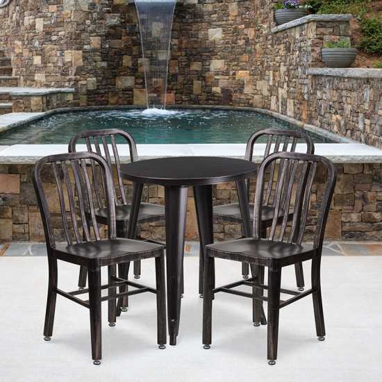 Commercial Grade 24" Round Black-Antique Gold Metal Indoor-Outdoor Table Set with 4 Vertical Slat Back Chairs