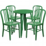 Commercial Grade 24" Round Green Metal Indoor-Outdoor Table Set with 4 Vertical Slat Back Chairs